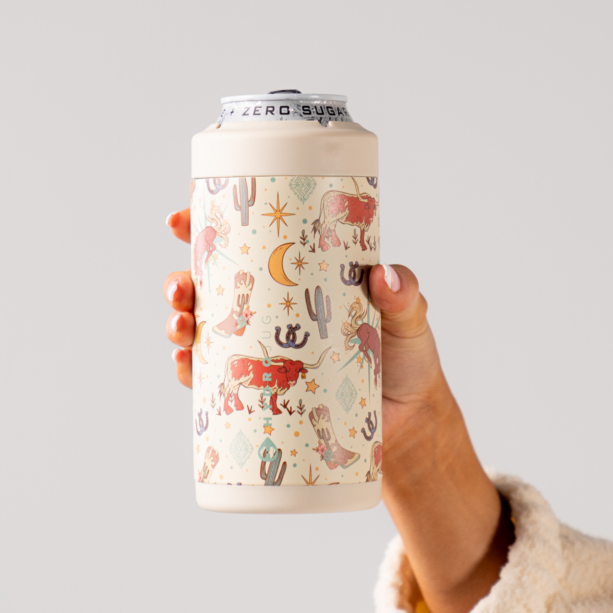 Hands Holding a HydroJug Rodeo Can Cooler 16oz