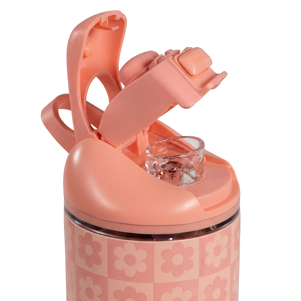 Close-up of HydroJug Ease2o Straw and Chug Lid in Daisy Checkers 14oz