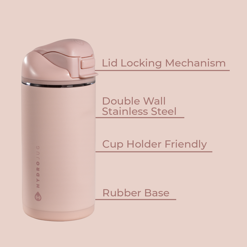 Dusty Rose 14oz Ease2o Features: Locking Lid, Stainless Steel, Rubber Base