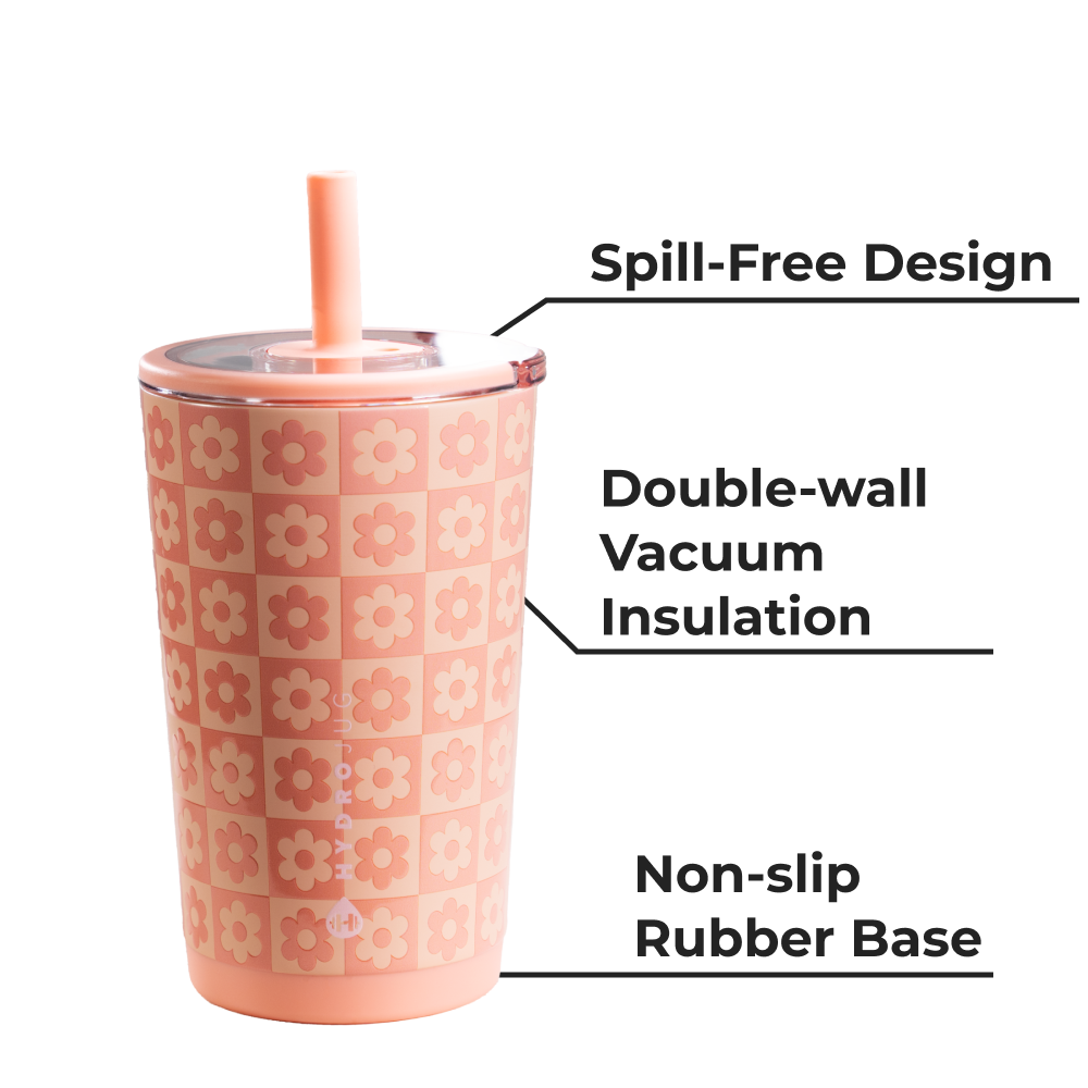 Daisy Checkers Everyday Tumbler 14oz with Spill-Free Lid, Double-Wall Insulation, and Non-Slip Base