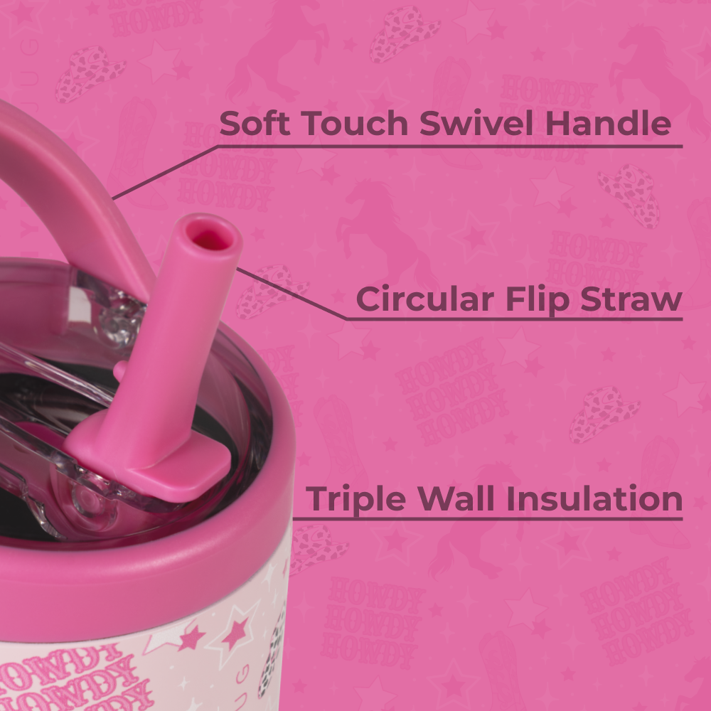 Cowgirl Sport Bottle 14oz Features – Swivel Handle, Flip Straw, Triple Wall Insulated