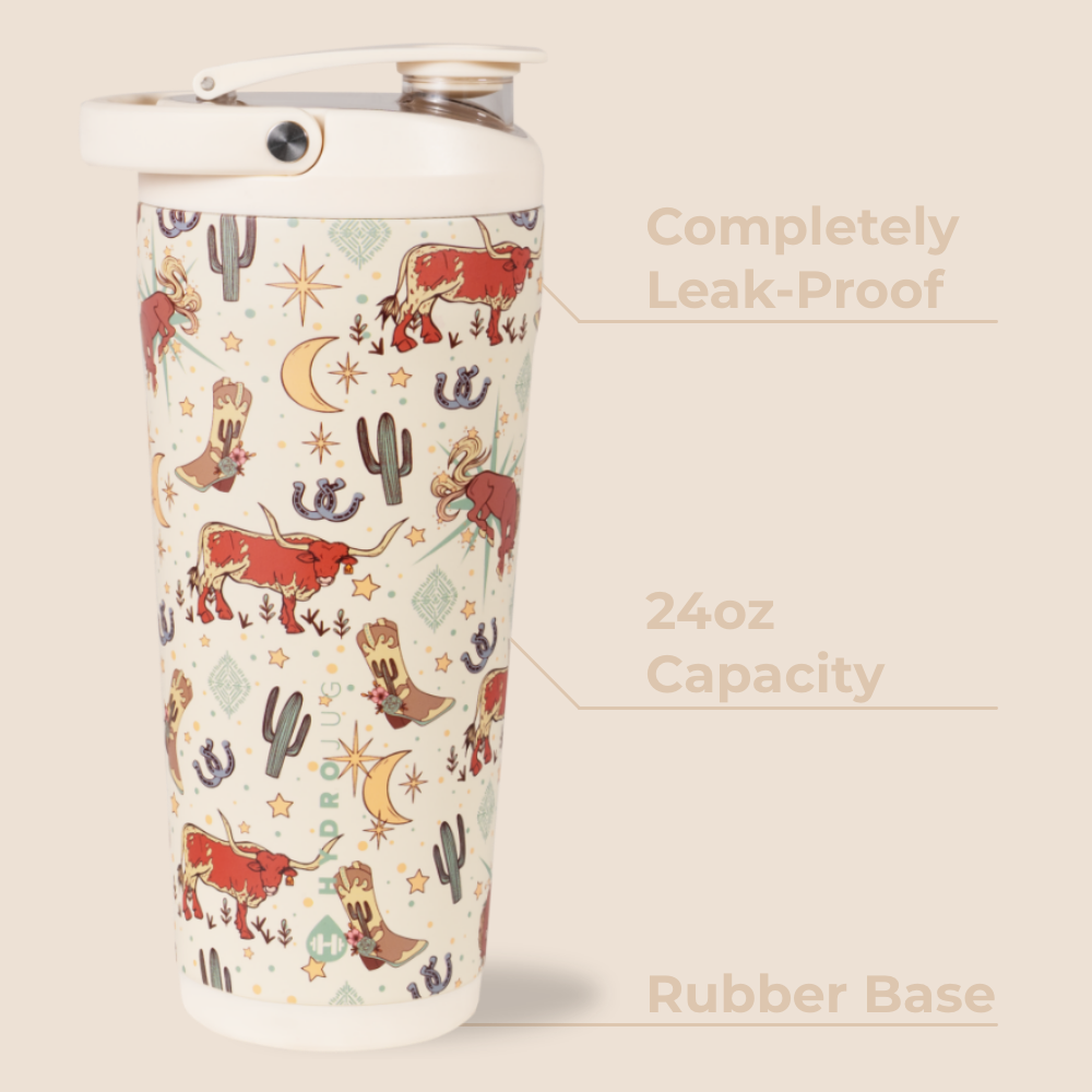 Rodeo Insulated Shaker 24oz Features – Leak-Proof, Rubber Base, 24oz Capacity